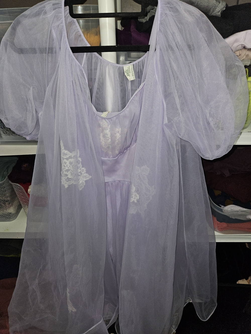 Vintage LISETTE Lavender Sheer Lace-Trim Nightgown and Robe Set